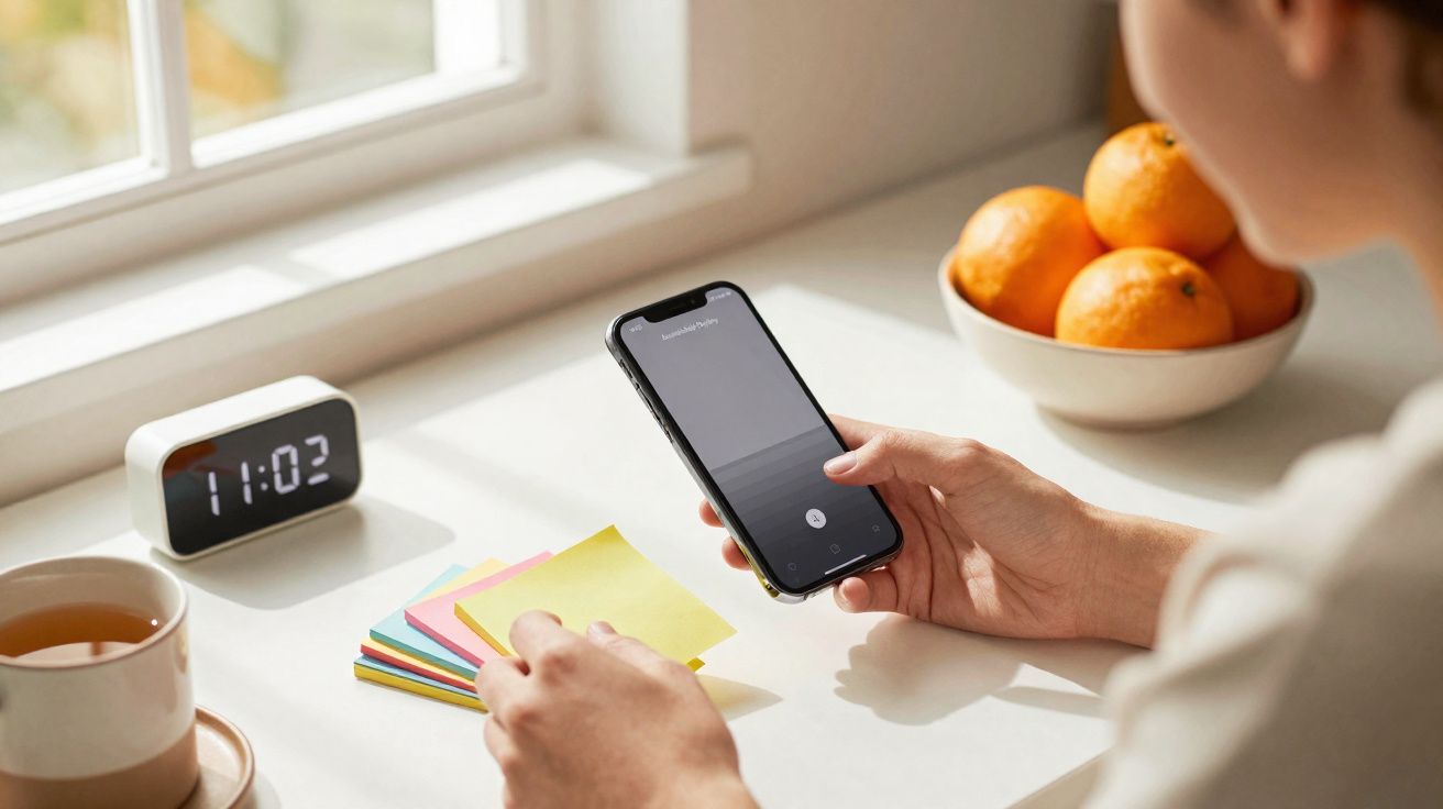 Pessoa segurando celular e papeis coloridos sobre mesa com relógio digital, xícara de chá e tigela com frutas.
