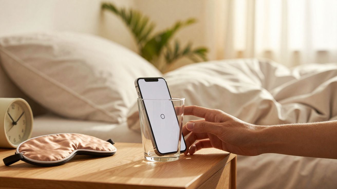 Celular mergulhado em copo d'água sobre mesa de cabeceira com relógio e máscara de dormir ao lado.