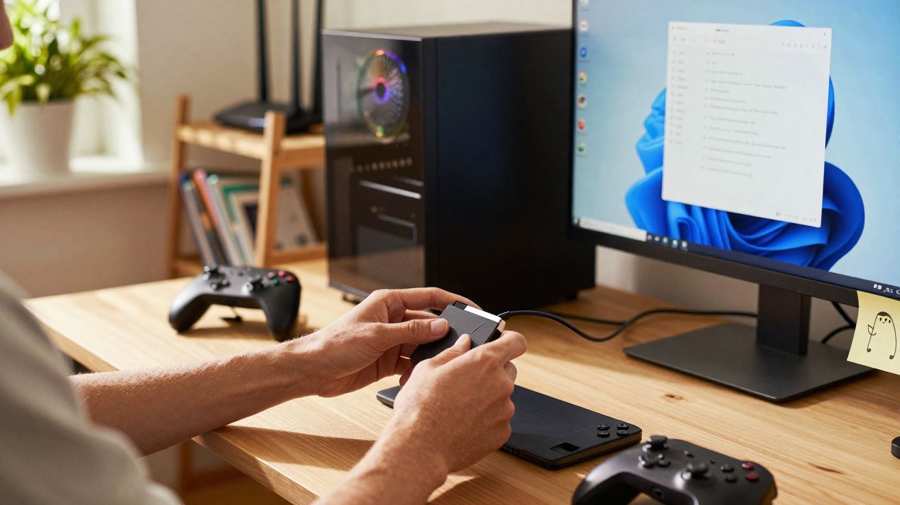 Pessoa conectando um controle de videogame a um computador em uma mesa de madeira.