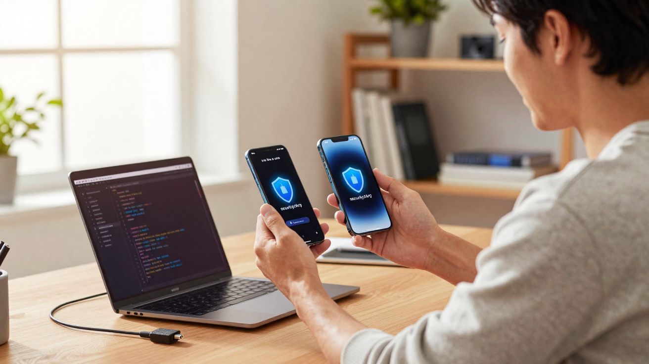 Homem segurando dois celulares com ícones de segurança, computador com código aberto em mesa de trabalho.