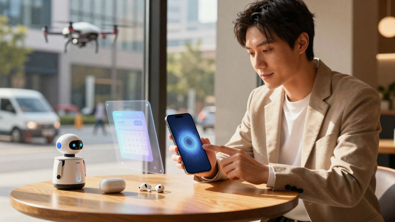 Homem sentado à mesa usando smartphone com assistente robô e óculos de ouvido sem fio sobre a mesa.