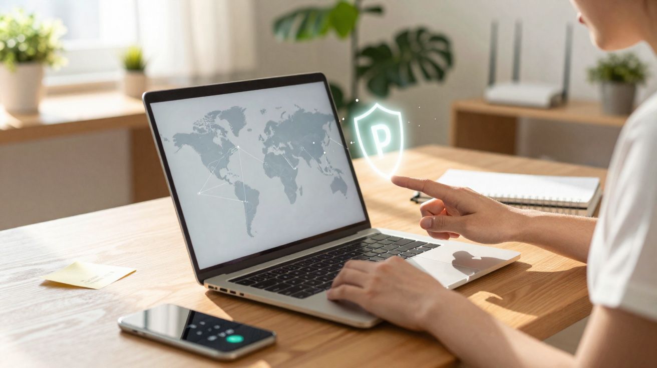 Pessoa usando laptop com mapa mundial e símbolo de segurança digital sobre mesa de madeira em ambiente claro.