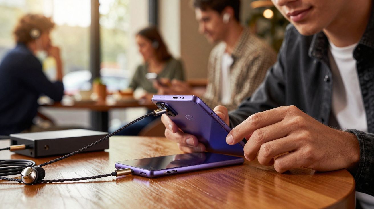 Pessoa segurando smartphone roxo em mesa com outro celular e fones de ouvido, ao fundo pessoas conversando.