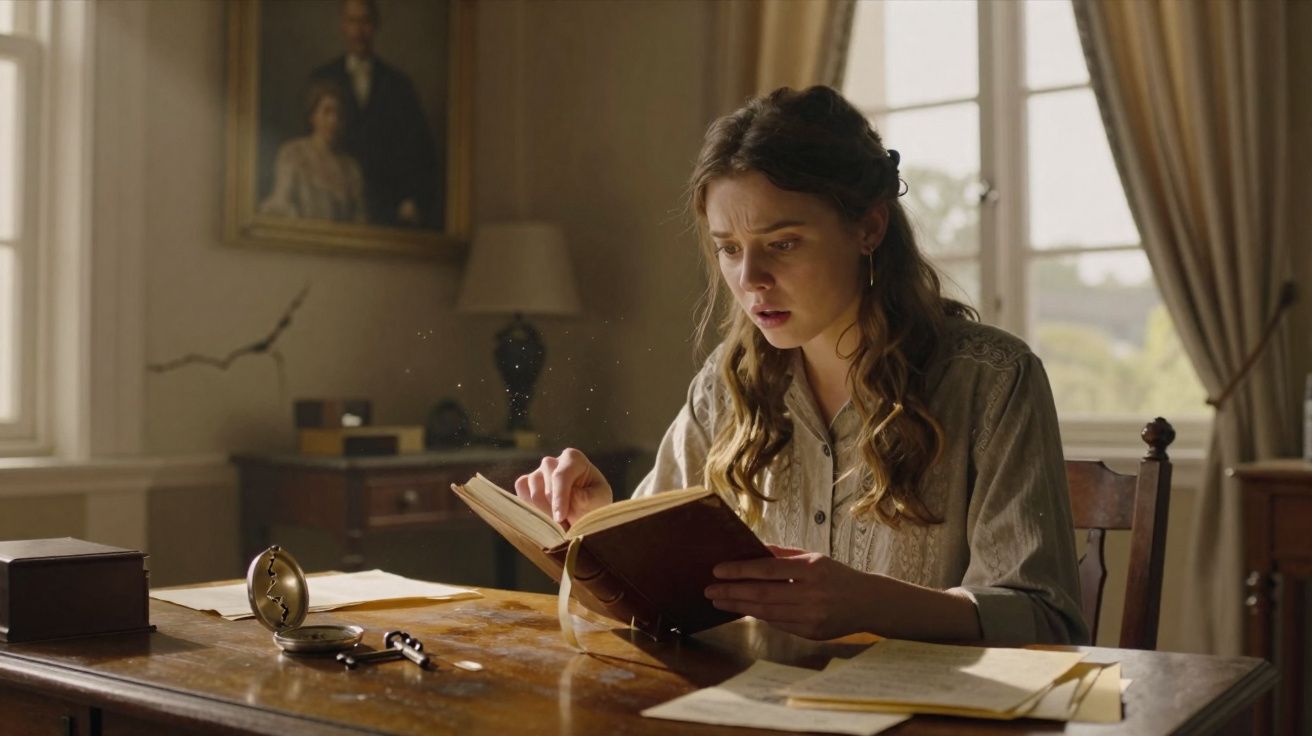 Mulher jovem lendo livro antigo em mesa de madeira com papéis, relógio e chaves em ambiente clássico.