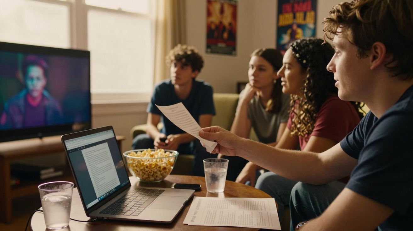 Grupo de jovens em sala com laptop, documentos e tigela de pipoca assistindo a filme na TV.