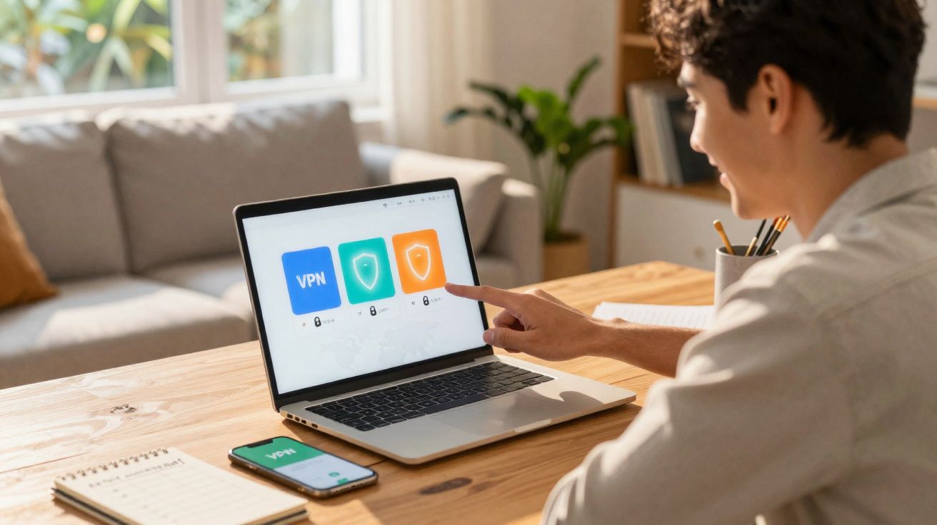 Pessoa usando laptop mostrando opções de segurança digital com ícones de VPN e escudos coloridos.