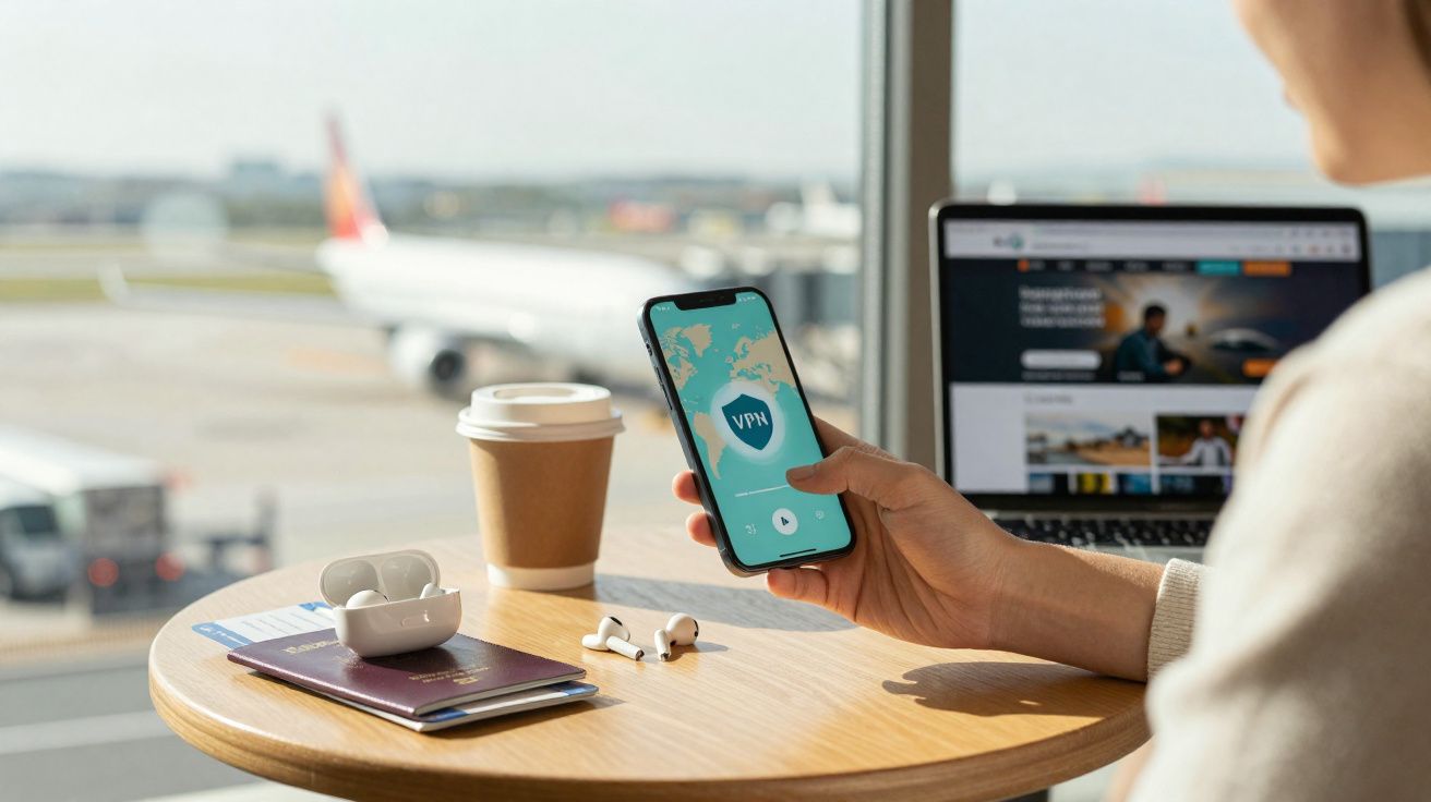 Pessoa segurando celular com aplicativo VPN aberto em aeroporto, mesa com passaporte, fones e café.