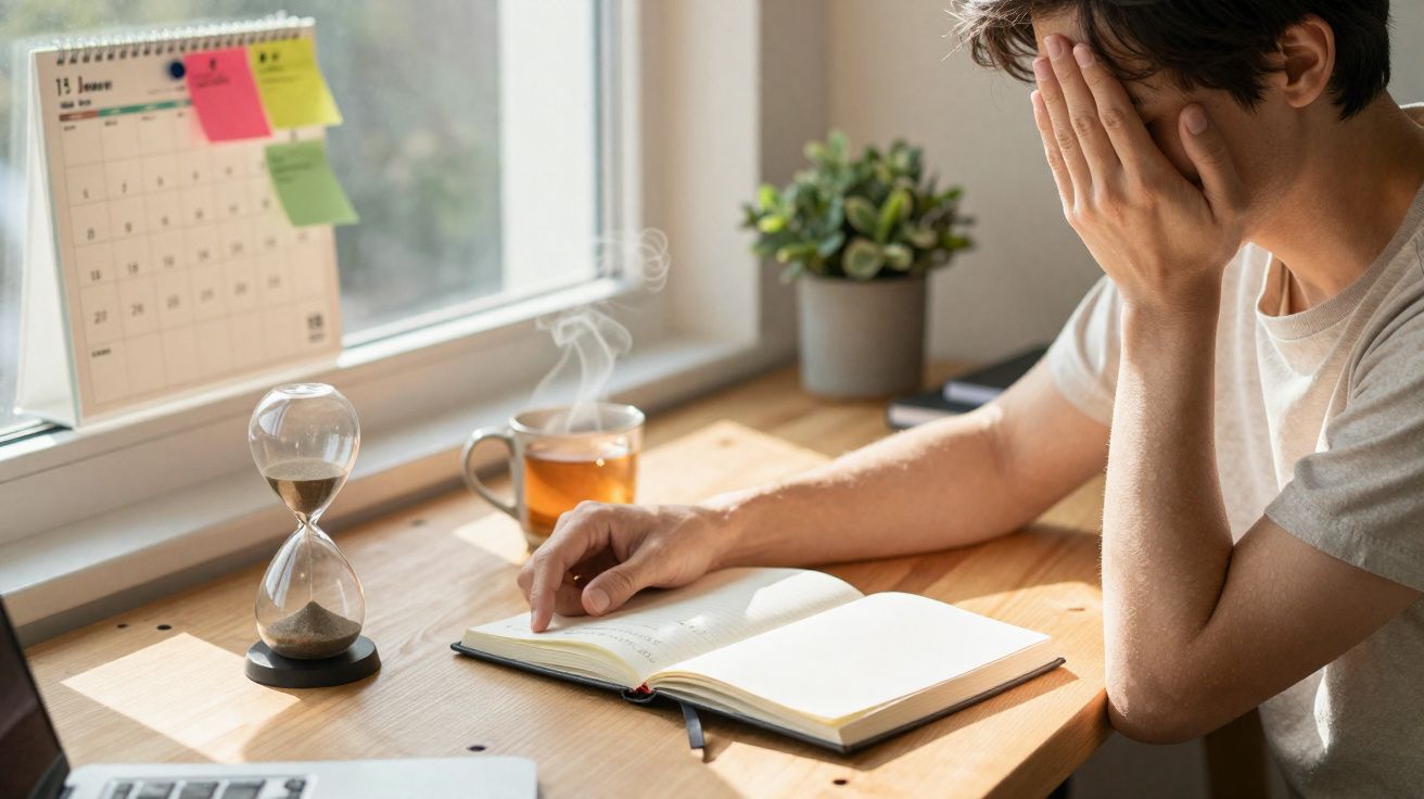 Pessoa cansada com mão no rosto lendo livro em mesa com bule de chá, ampulheta e calendário ao fundo.