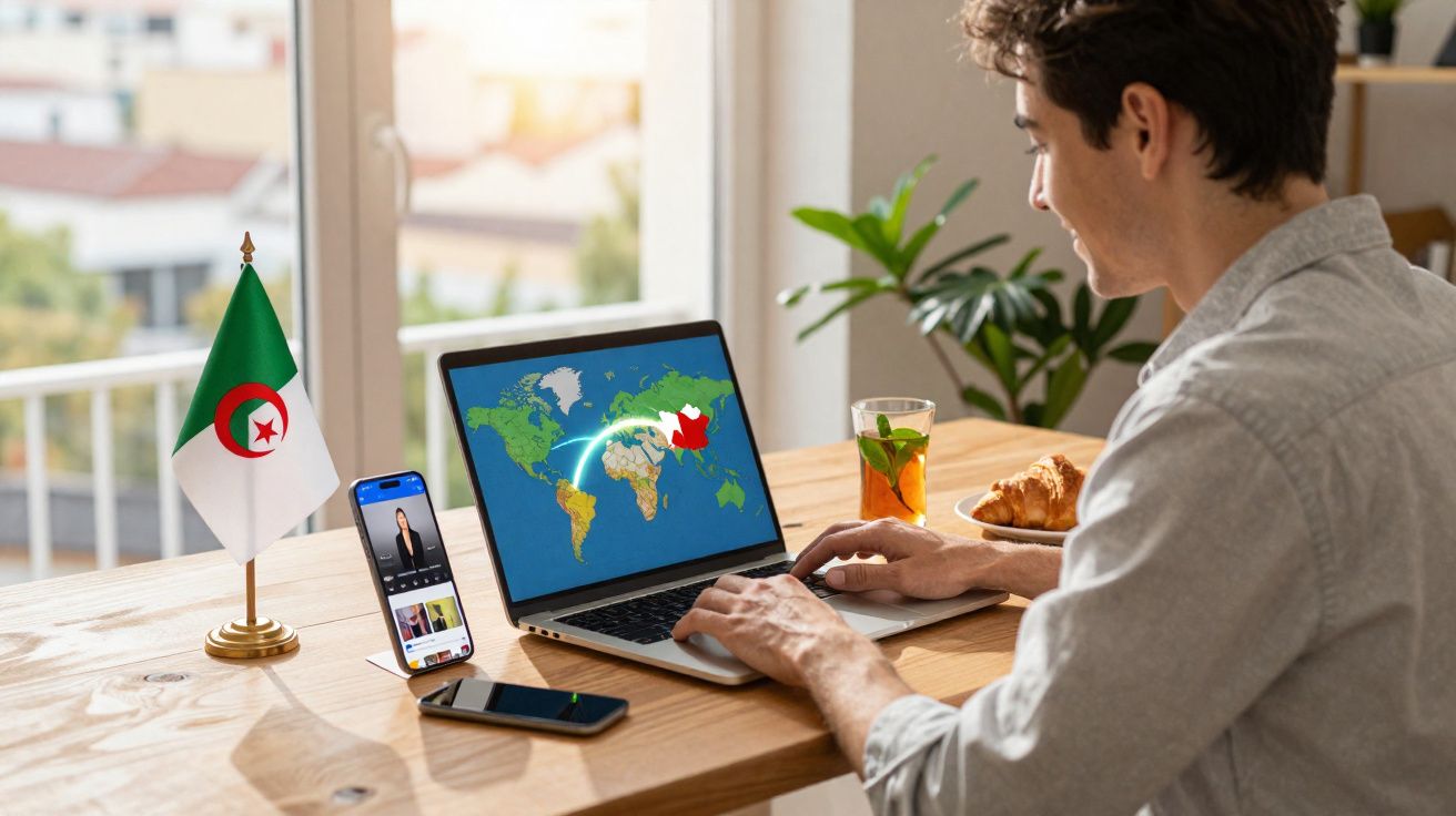 Jovem trabalhando no laptop com mapa mundial e sinal de conexão, ao lado de celular e bandeira da Argélia.