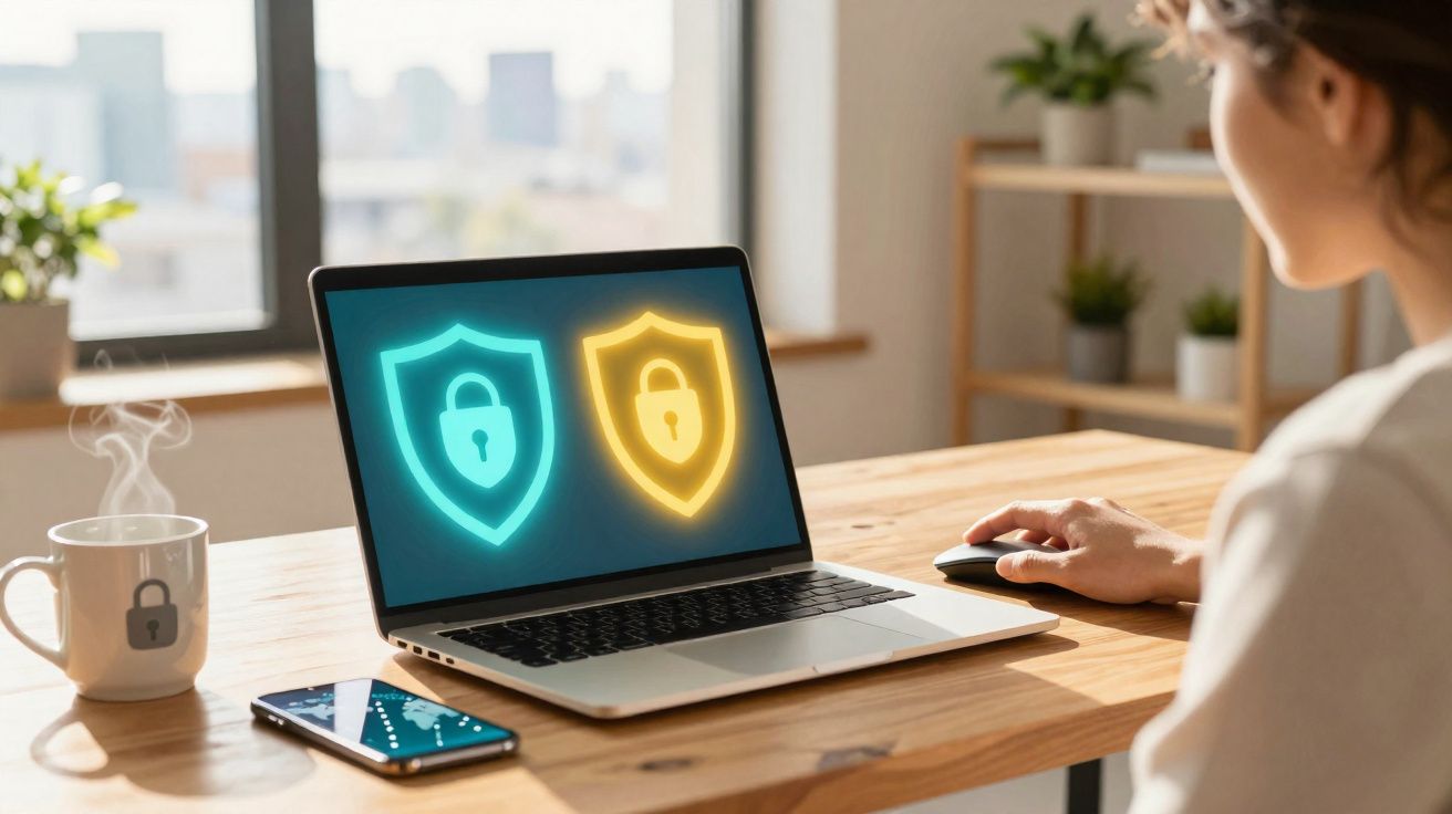 Pessoa usando notebook com ícones de cadeado em escudo na tela, ao lado de celular e caneca em mesa de madeira.