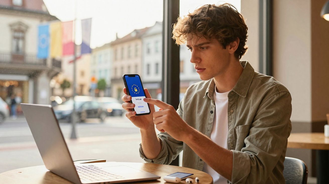 Jovem sentado em cafeteria usando smartphone e laptop, tela mostra aplicativo com ícone de cadeado e texto.