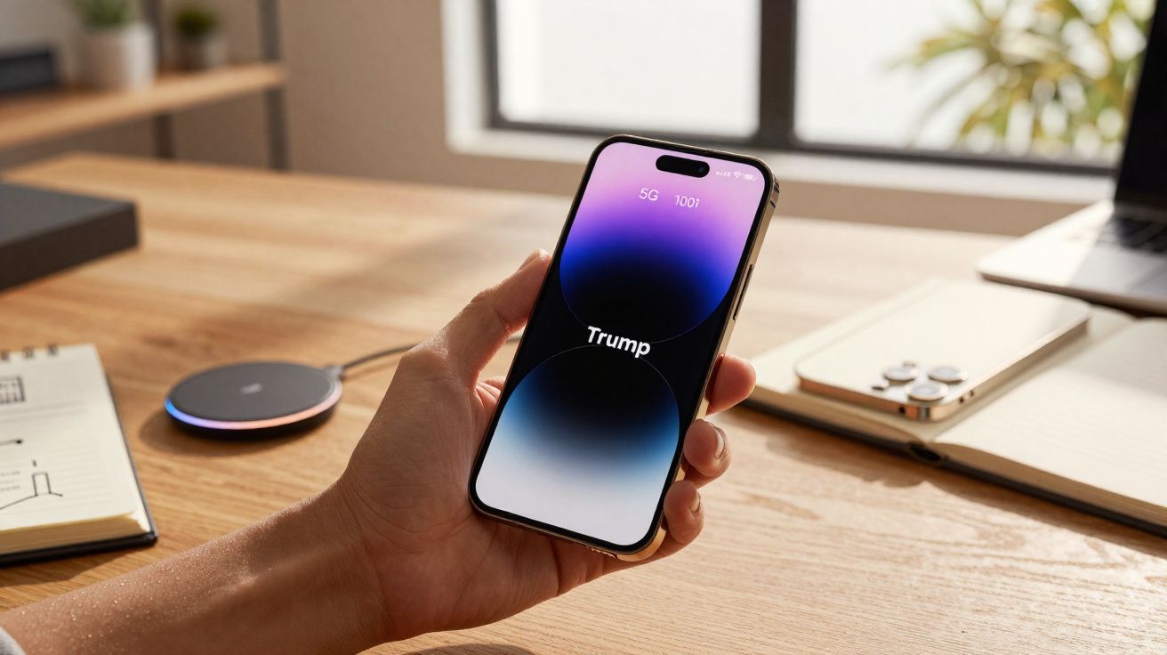 Pessoa segurando um celular com a palavra Trump na tela em mesa de escritório com objetos ao fundo.