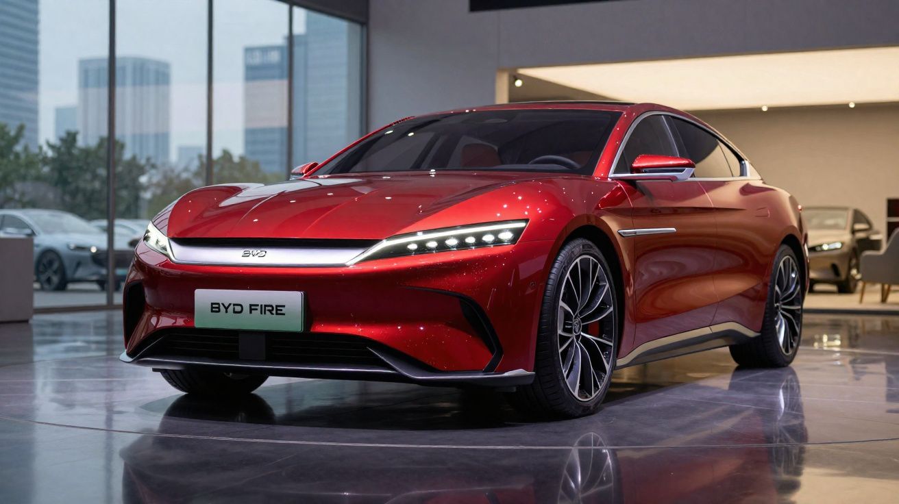 Carro esportivo elétrico vermelho BYD Fire em exposição interna com design moderno e luzes LED acesas.