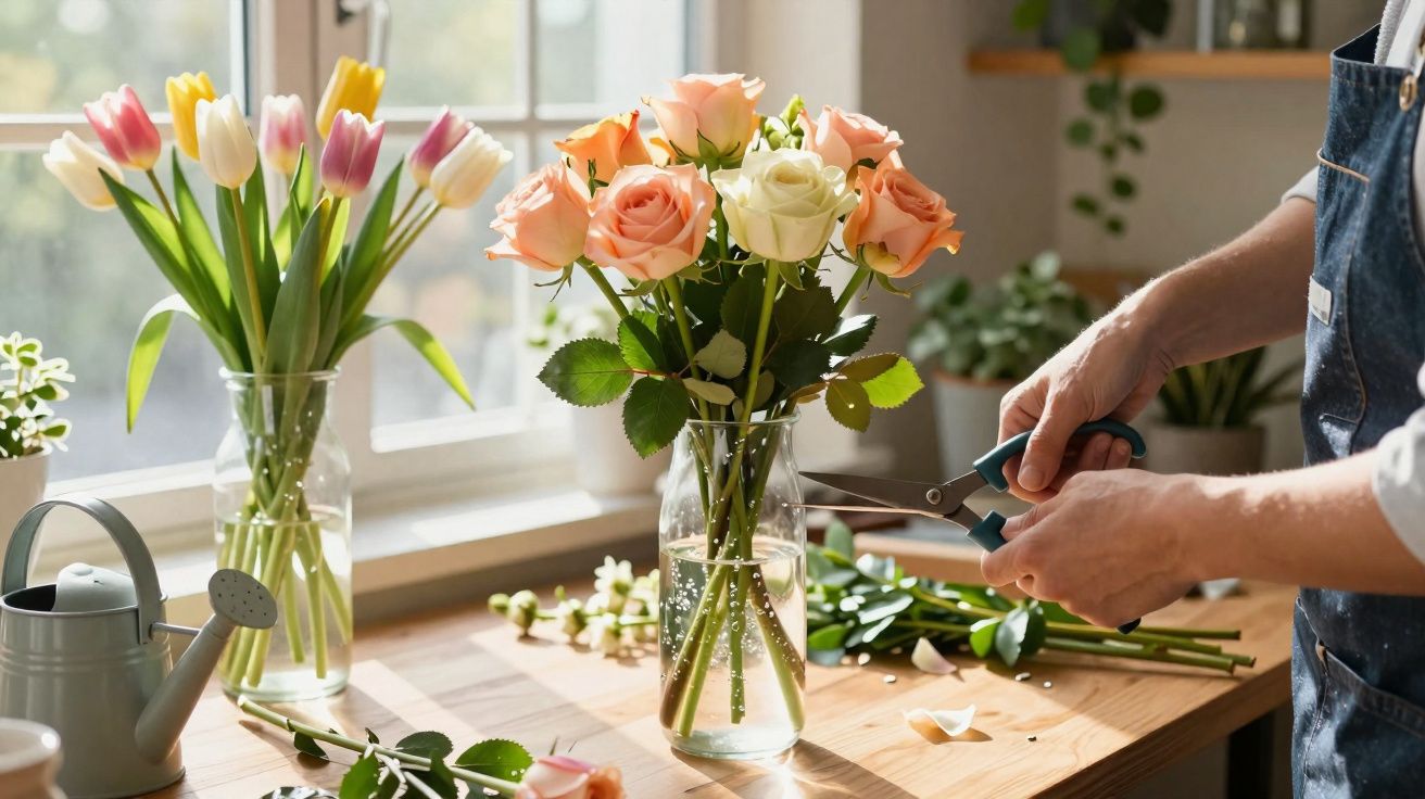 Pessoa arrumando buquê de rosas cor de pêssego e branca em vaso de vidro sobre mesa com luz natural.