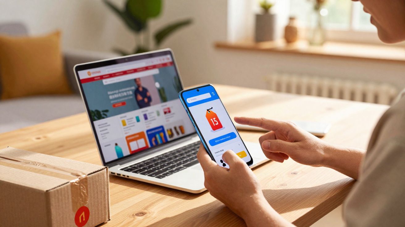 Pessoa usando smartphone para fazer compras online, com laptop aberto e caixa na mesa de madeira.