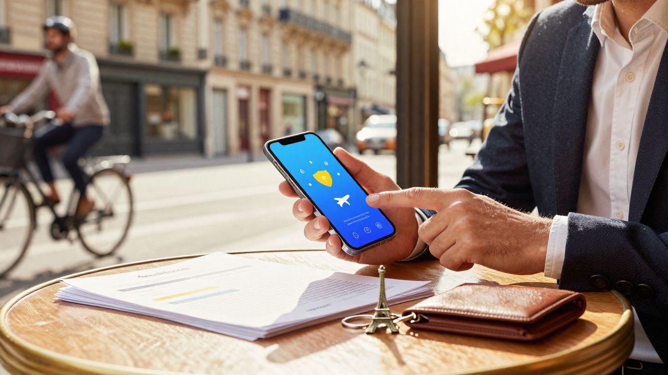Pessoa em mesa de café usando celular com aplicativo de viagem aberto, documentos e carteira sobre a mesa.