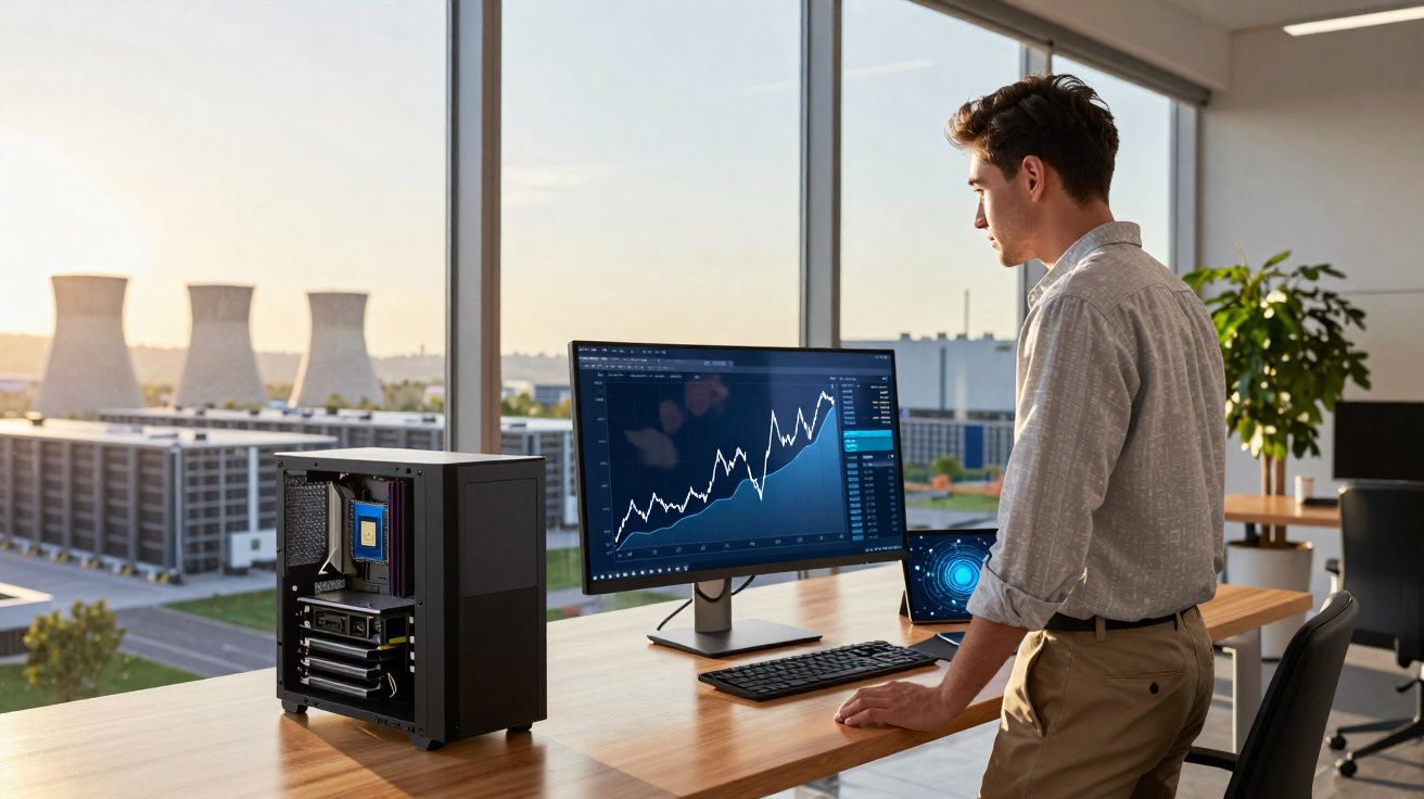 Homem olhando gráfico de crescimento em tela de computador em escritório com janelas amplas.