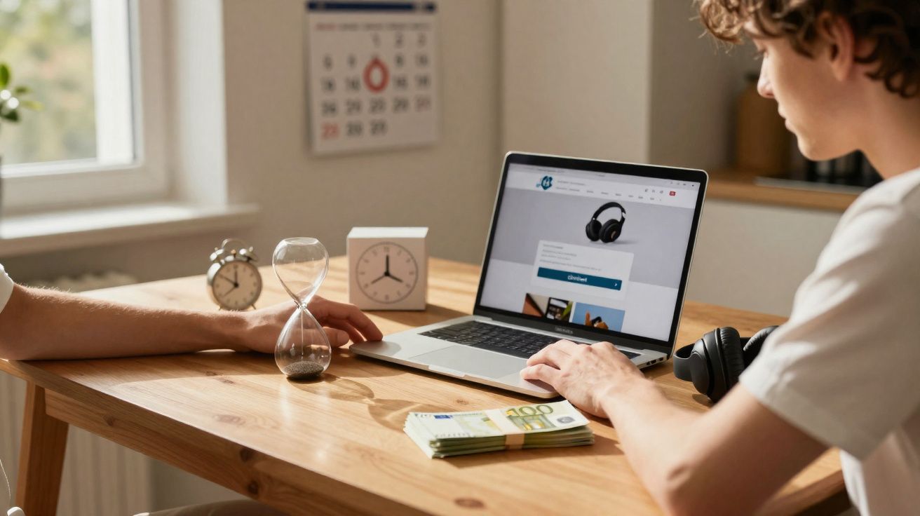 Pessoa usando notebook em mesa com ampulheta, relógios e dinheiro enquanto outra pessoa aponta para a ampulheta.