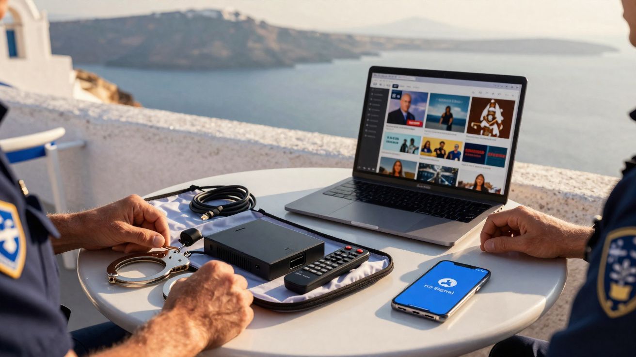 Mesa redonda com laptop, smartphone, dispositivos eletrônicos e duas pessoas com uniformes de polícia à beira-mar.