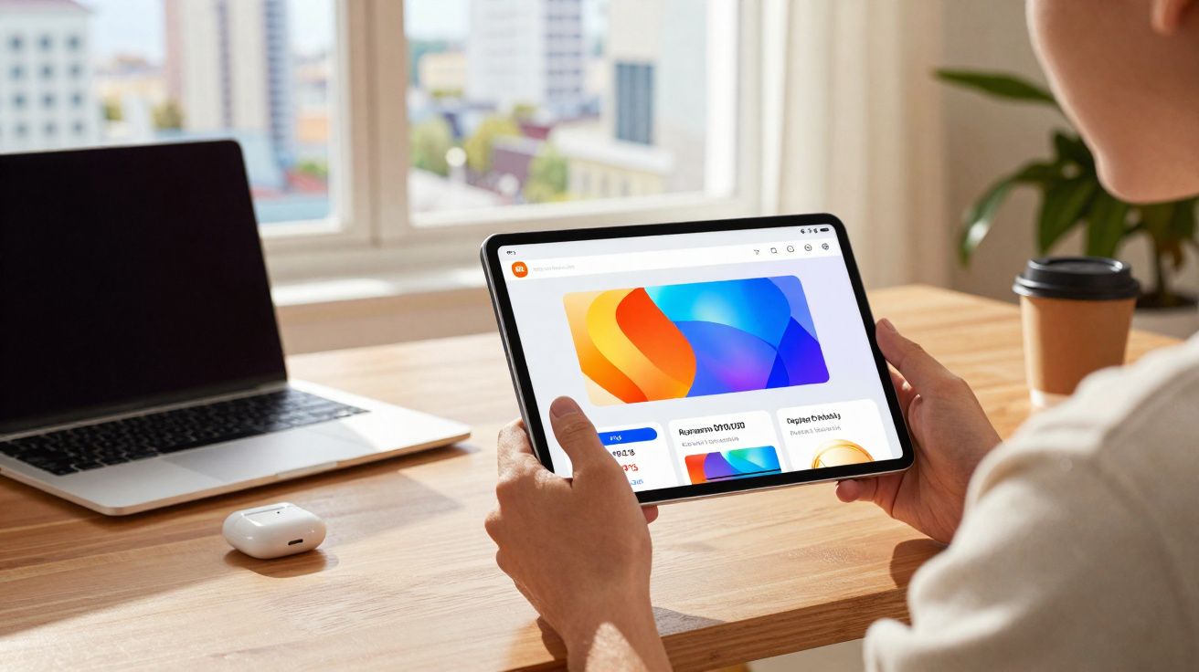 Pessoa segurando tablet com site aberto, ao lado de laptop e fones sem fio sobre mesa de madeira.