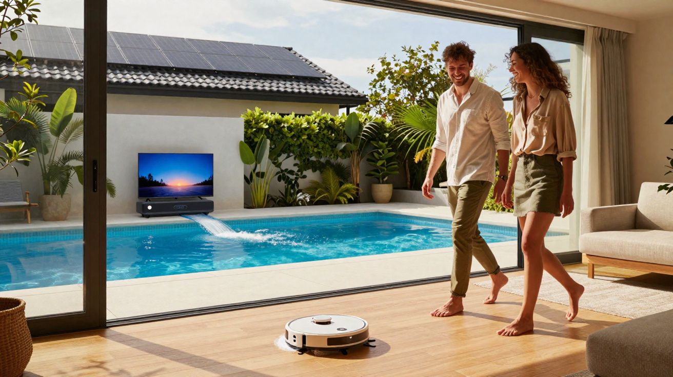 Casal caminhando em casa moderna com robô aspirador, piscina e parede com painel solar ao fundo.