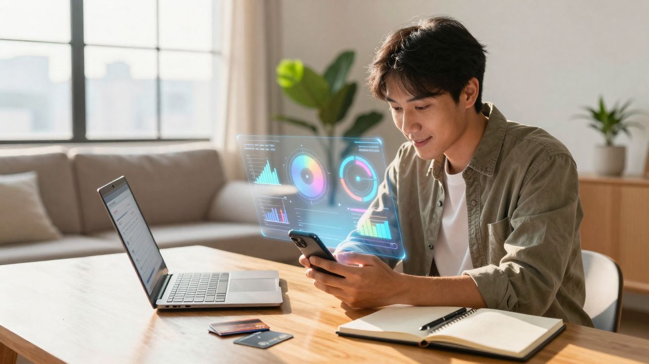 Jovem usando celular com gráficos holográficos ao lado de notebook e caderno em mesa iluminada.