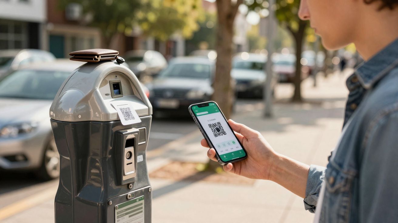 Pessoa usando smartphone para pagar estacionamento via QR code em parquímetro na rua durante o dia.