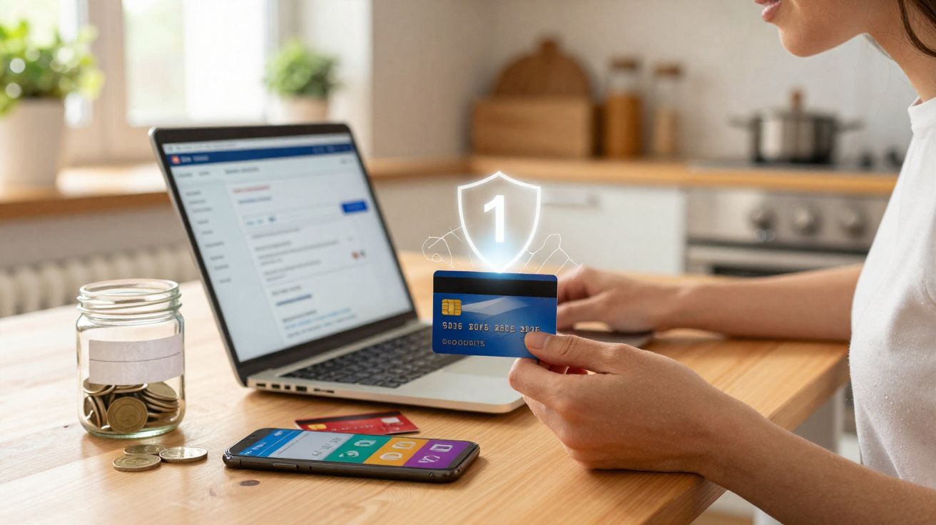 Pessoa segurando cartão de crédito com escudo de proteção na frente de laptop em mesa com moedas, celular e pote.