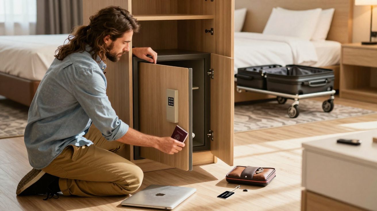 Homem ajoelhado em quarto de hotel guardando passaporte em cofre eletrônico dentro do armário.
