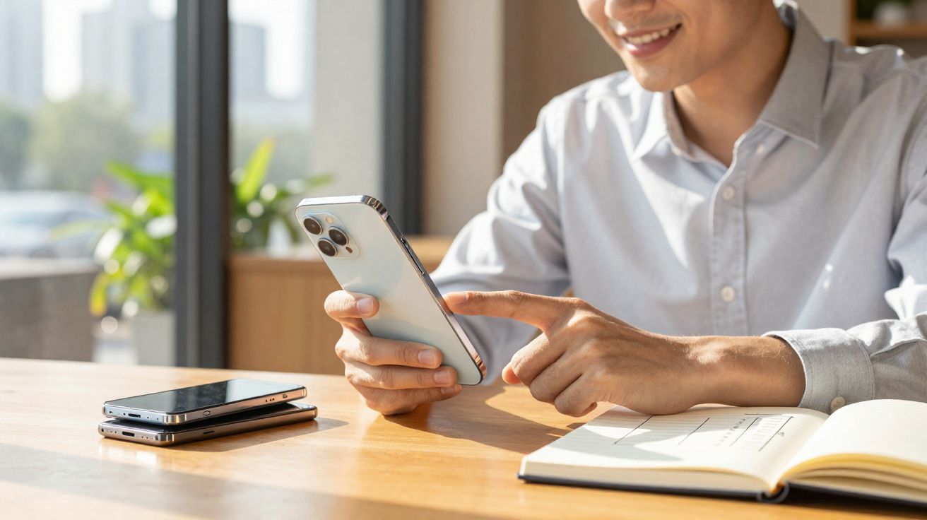 Pessoa sorridente usando smartphone com caderno aberto e outras duas celulares sobre mesa iluminada por luz natural.