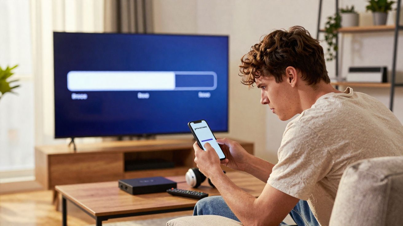 Jovem sentado no sofá segurando celular para inserir senha enquanto assiste TV com barra de carregamento na tela.