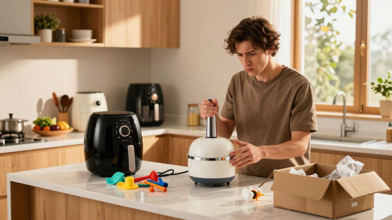 Jovem testa aparelho de cozinha branco em bancada próxima a uma fritadeira elétrica preta e acessórios coloridos.