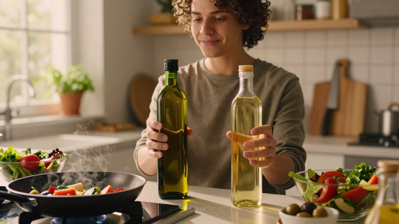 Pessoa segurando duas garrafas de azeite na cozinha, com legumes sendo refogados em frigideira.