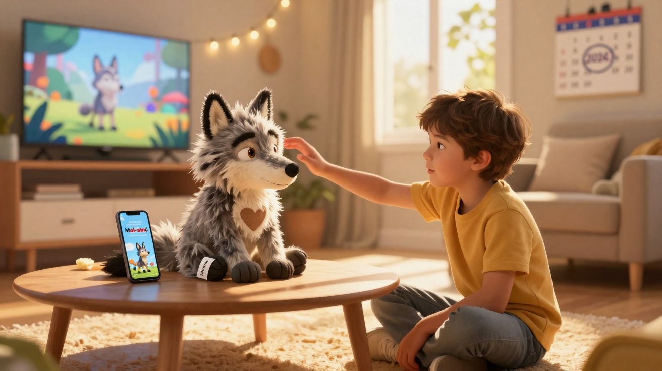 Menino toca cachorro robô com coração marrom sentado em mesa de centro em sala iluminada.