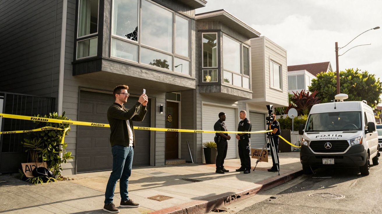 Homem tira foto em cena de investigação policial com fita amarela e policiais em frente a casas modernas.