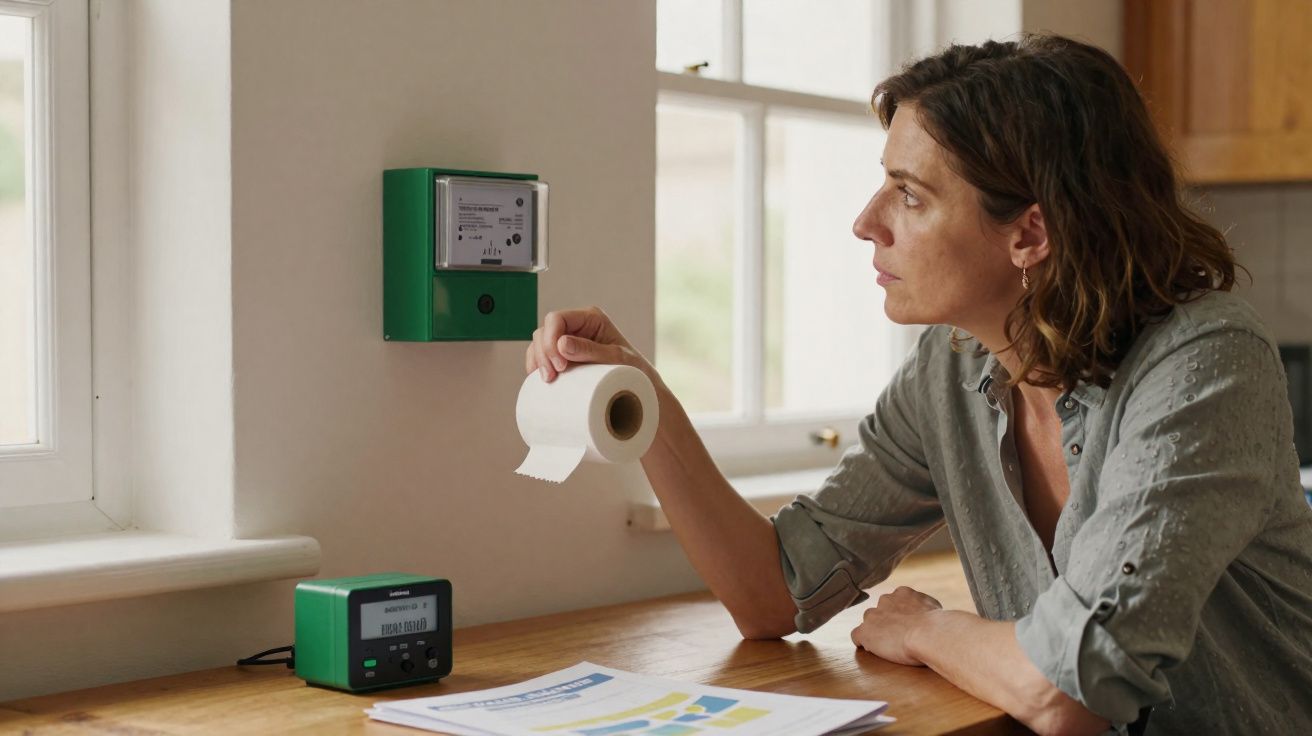 Mulher segurando papel higiênico olhando para um dispositivo eletrônico verde na parede.