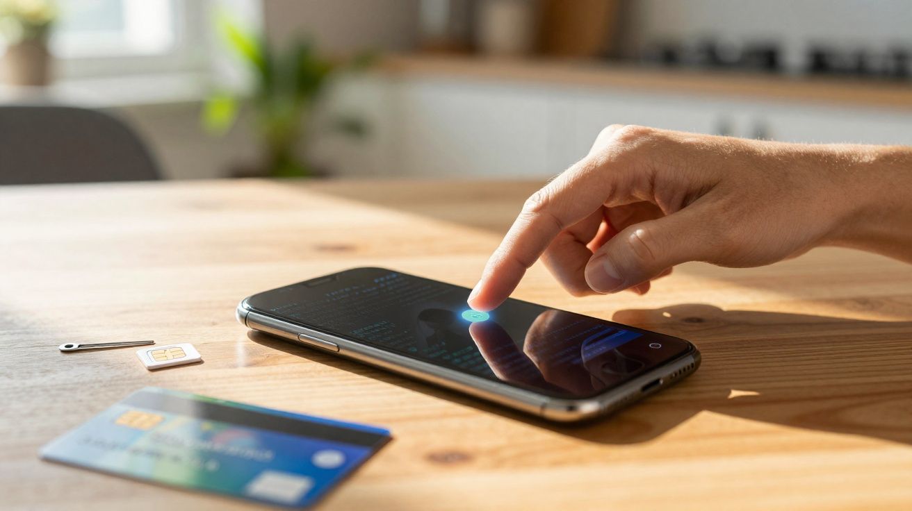 Mão tocando a tela de smartphone, cartão SIM e cartão bancário sobre mesa de madeira iluminada.