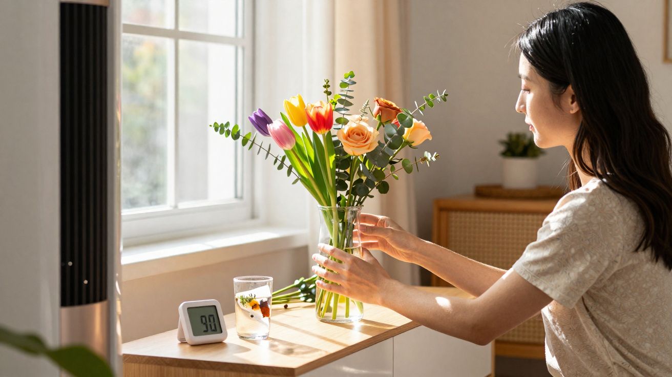 Mulher arrumando flores coloridas em vaso ao lado de janela com luz natural dentro de casa.