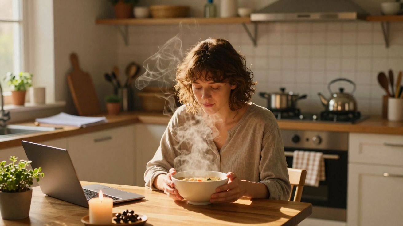 Mulher segurando tigela com comida quente ao vapor, sentada à mesa com notebook na cozinha iluminada.