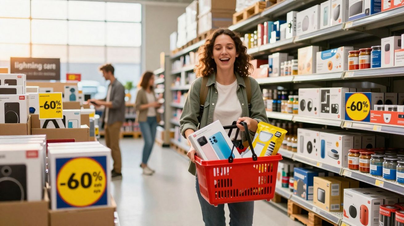 Mulher sorridente carregando cesta com eletrônicos em loja com promoção de 60% de desconto.