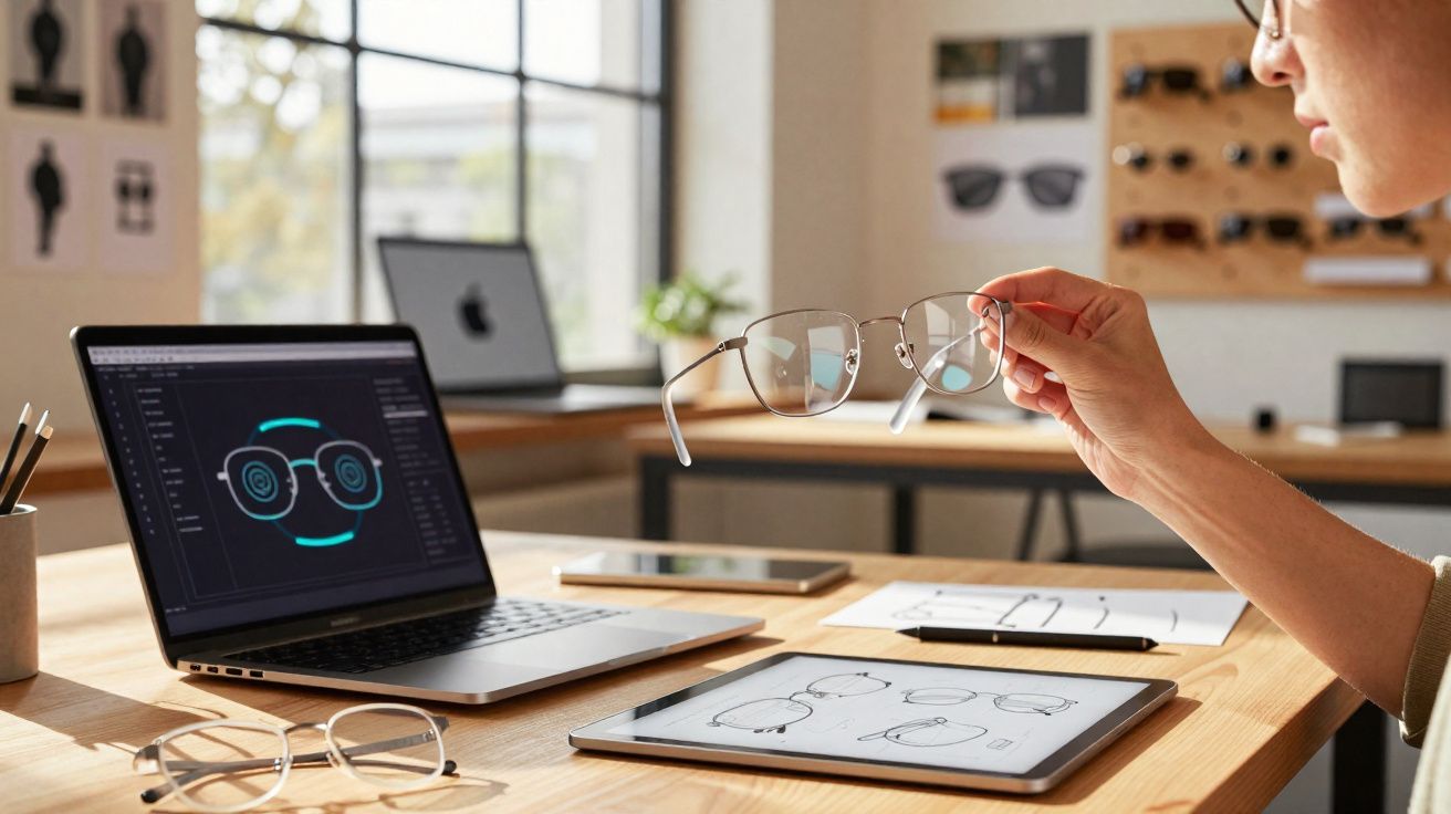 Pessoa segurando óculos perto de laptop com design de armação na tela e tablet com esboços de óculos.