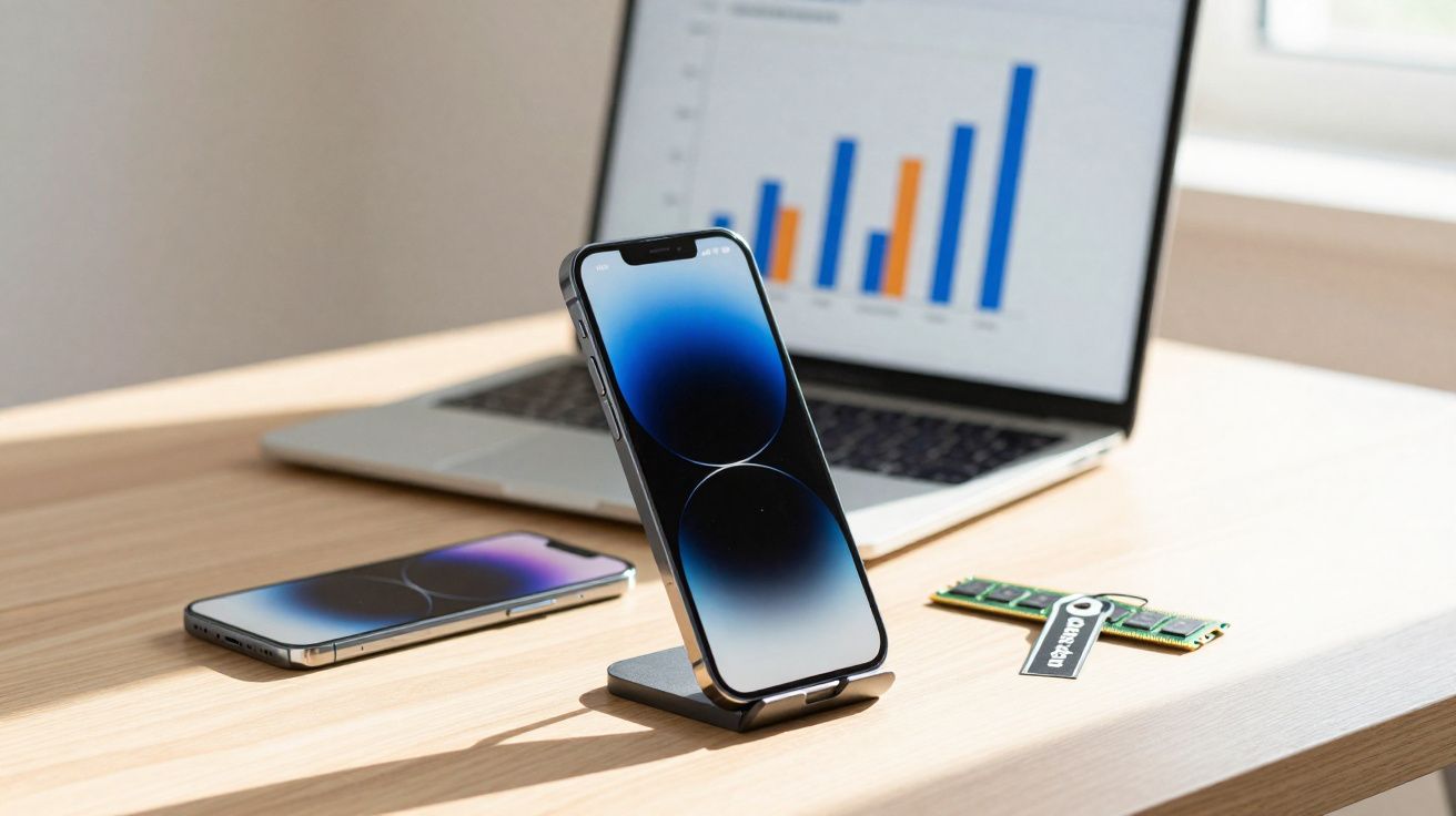 Mesa de madeira com dois celulares, laptop aberto mostrando gráfico e módulo de memória RAM.