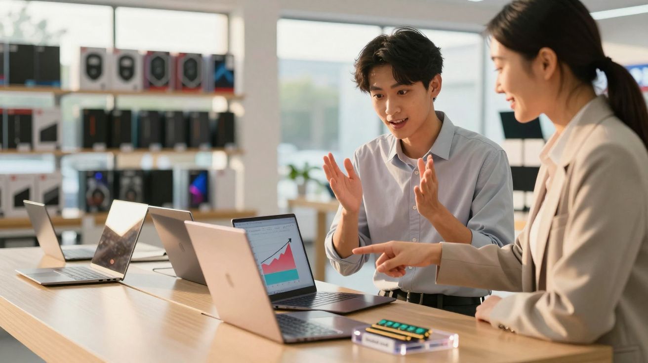 Duas pessoas analisando gráfico de crescimento em laptop dentro de loja de eletrônicos.