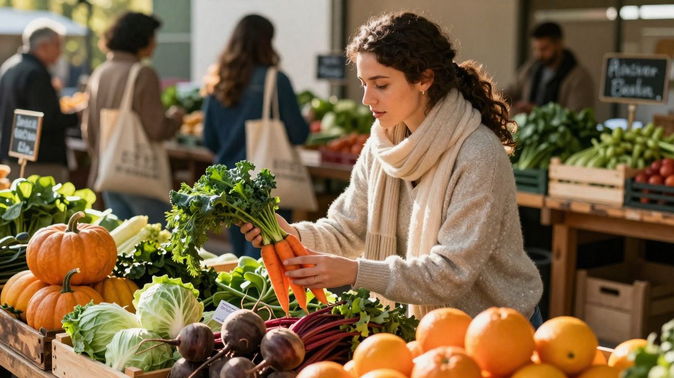 Mulher segura cenouras em feira ao ar livre com abóboras, verduras e frutas em bancas ao redor.