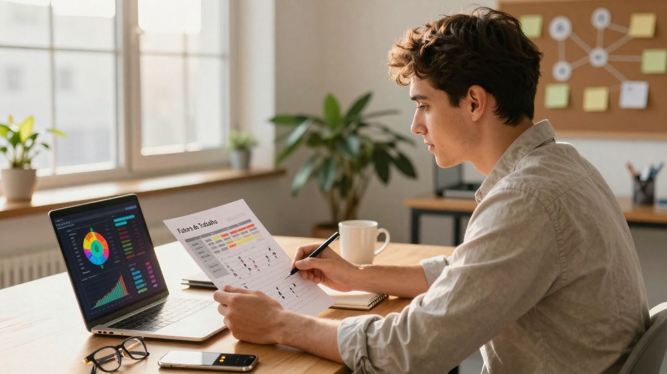Jovem analisando gráficos em relatório de dados enquanto trabalha com laptop em mesa bem iluminada.