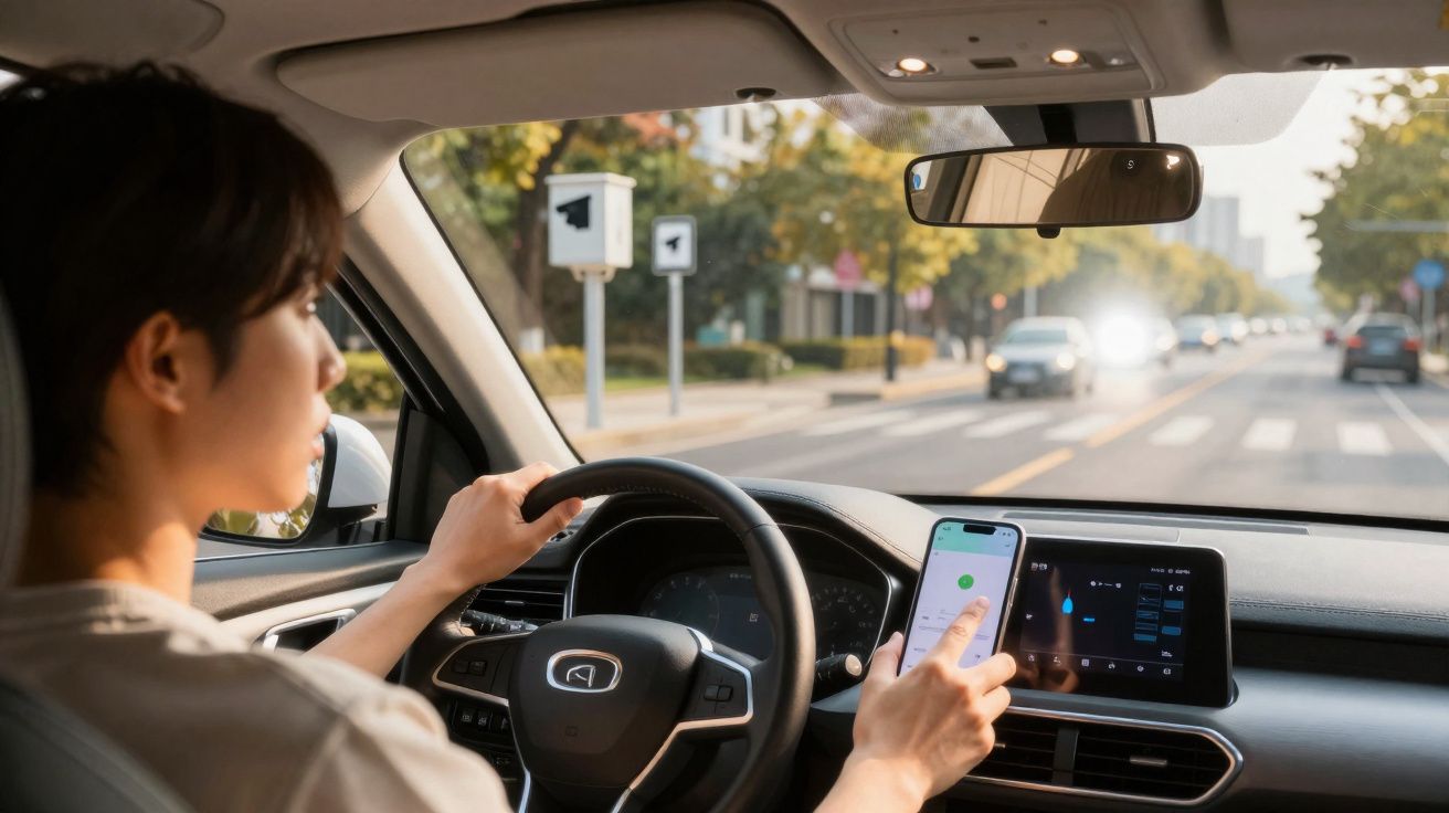 Pessoa dirigindo carro e usando smartphone com aplicativo aberto no trânsito de rua urbana.