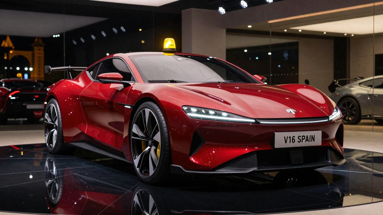 Carro esportivo elétrico vermelho com luz amarela no teto, exibido em ambiente interno moderno.