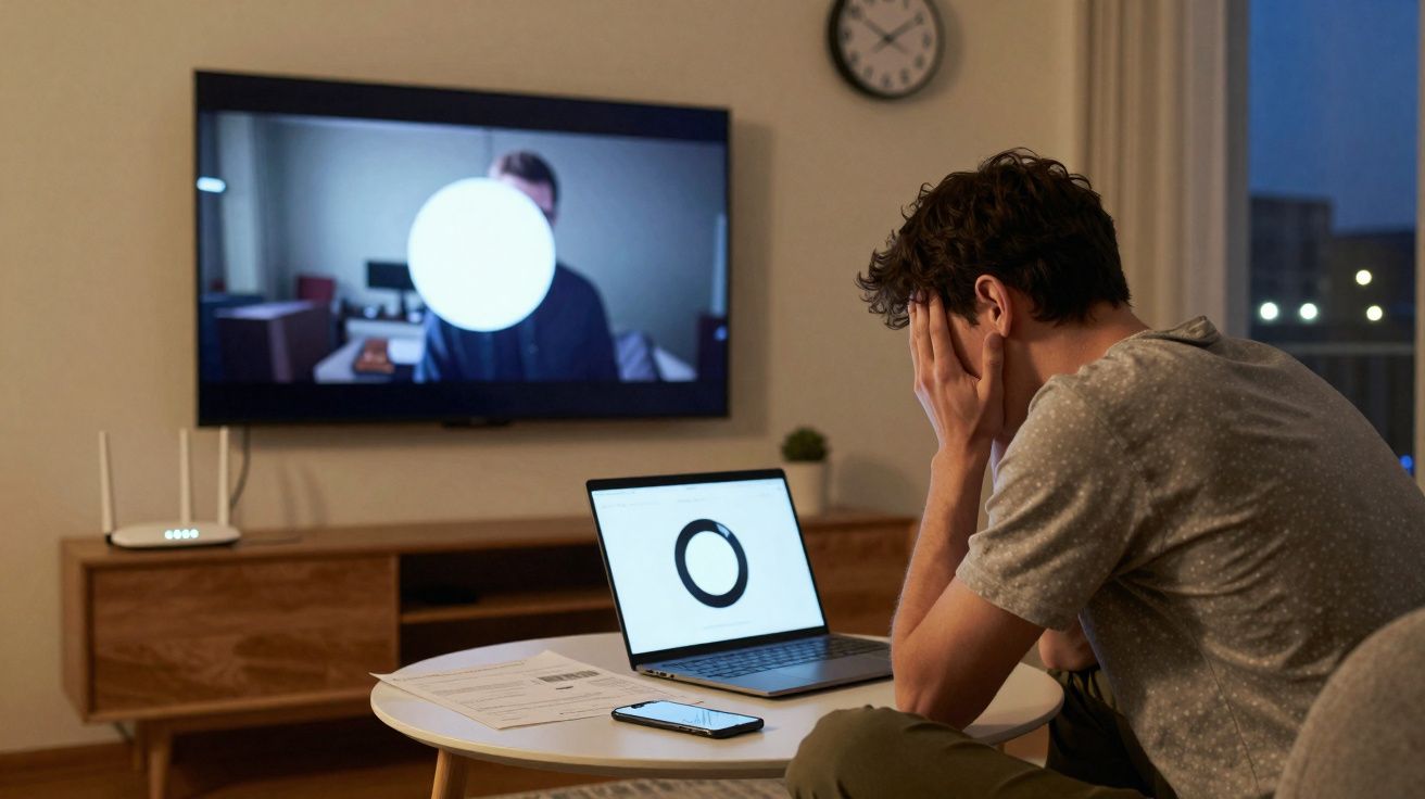 Homem sentado à mesa com as mãos na cabeça, parecendo estressado, com laptop e TV ao fundo ligada.