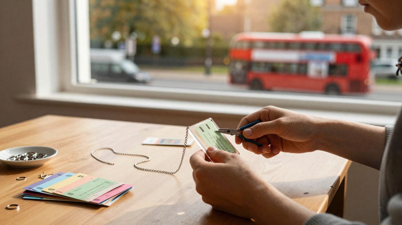 Pessoa utilizando alicate para ajustar uma corrente em crachá transparente sobre mesa perto da janela.