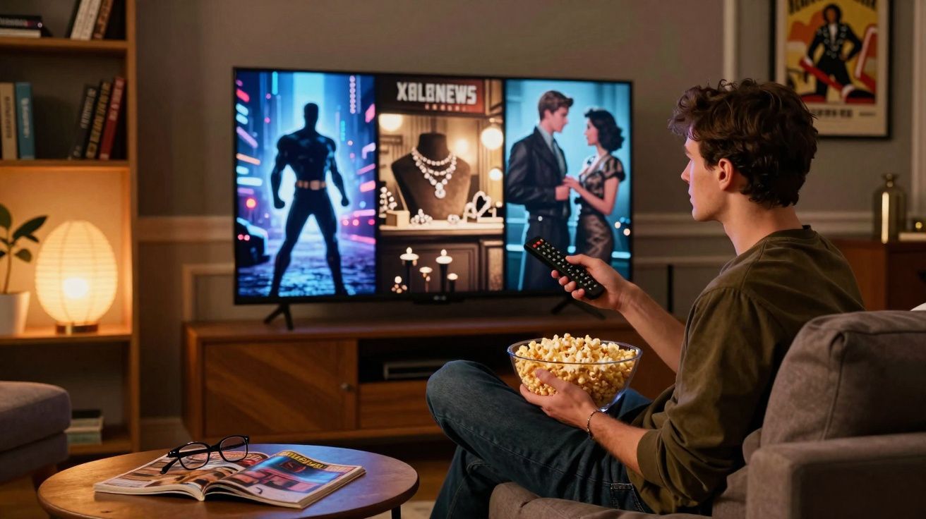 Jovem sentado no sofá com pipoca assistindo TV com três cenas diferentes na tela.